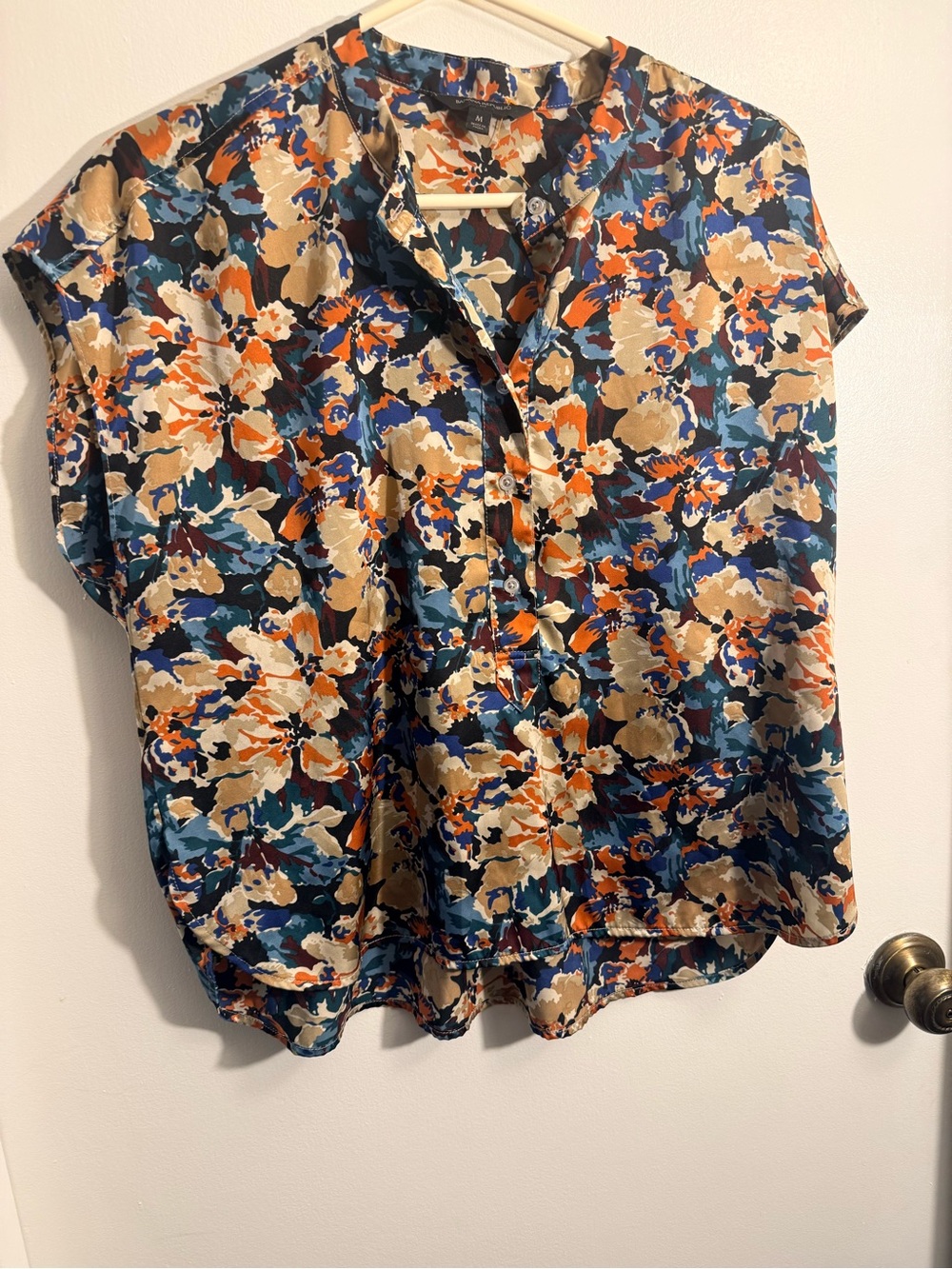 Banana Republic Floral Button-Front Cap Sleeve Blouse - Blue, Tan, Orange